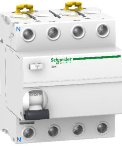 Schneider Electric Acti 9 IIDK residual current circuit breaker, four-pole, white casing, green logo, side view.