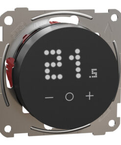 Round black digital thermostat in a metal frame, LED display showing a 21 °C reading.