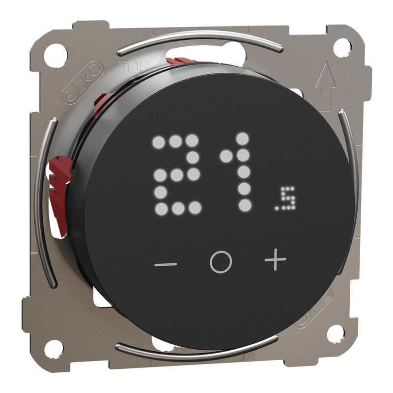 Round black digital thermostat in a metal frame, LED display showing a 21 °C reading.