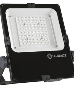 A black-framed LED spotlight with a square front panel and LED grid, Ledvance logo in the bottom corner.