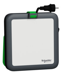Rectangular gray and green rechargeable work lamp, Schneider Electric logo at the bottom.