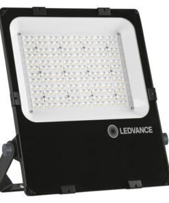 A black rectangular LED floodlight with a white front and adjustable stand, brand Ledvance.