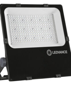 Black rectangular LED floodlight with a stand, Ledvance logo on the front.