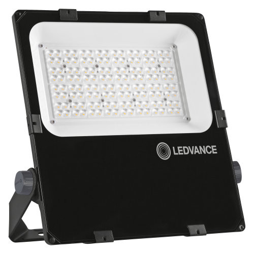 Black Ledvance LED floodlight with a white light panel and support bracket, pictured from the front.