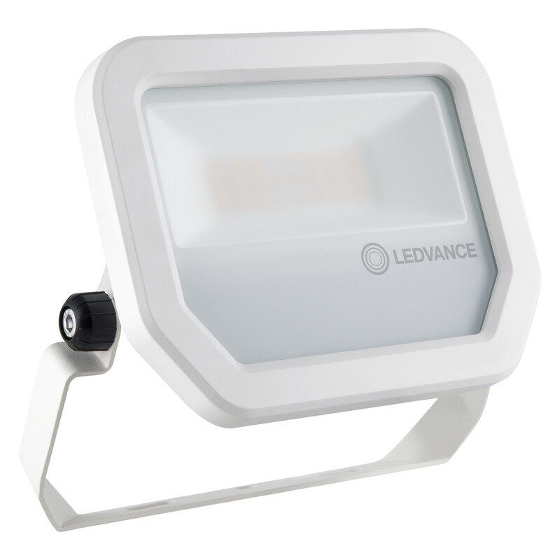 A white rectangular LED floodlight with a metal bracket, Ledvance logo on the front.