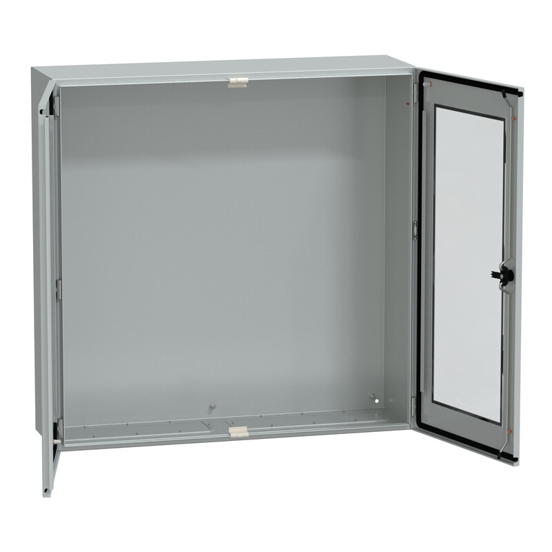 Schneider Electric wall cabinet 400x400x200 mm with mounting plate Metallic gray wall cabinet, one door with a transparent window opened, inner mounting plate visible.