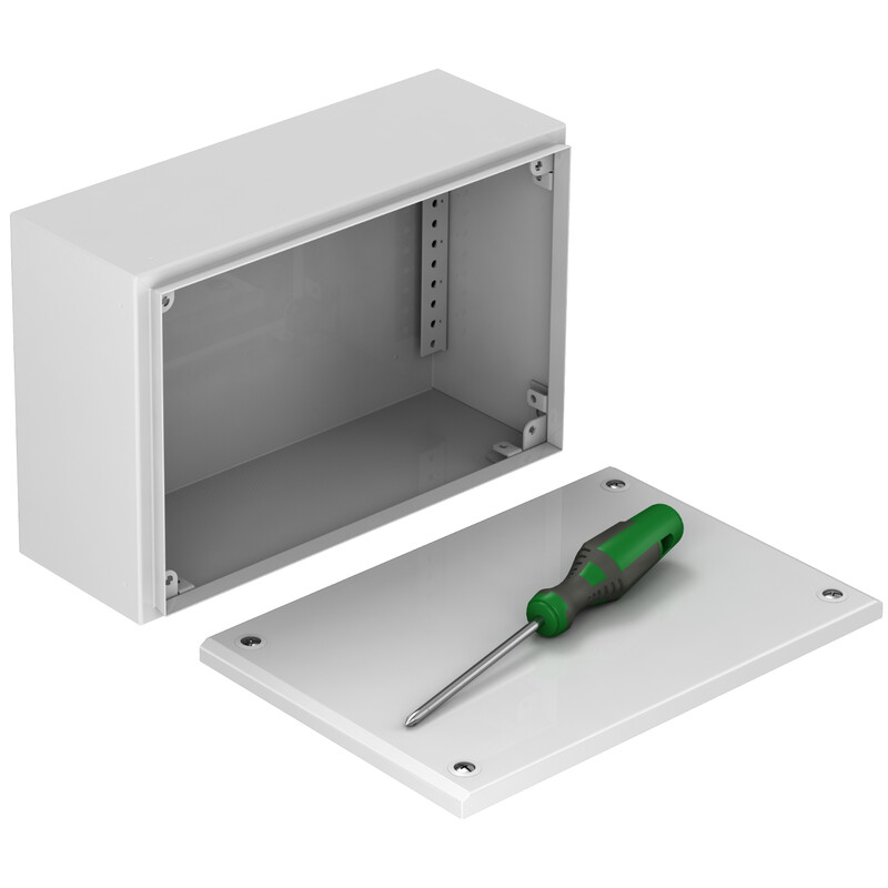Schneider Electric terminal box 300x600x120, removable cover A white rectangular metallic terminal box with a removable cover and a green screwdriver.