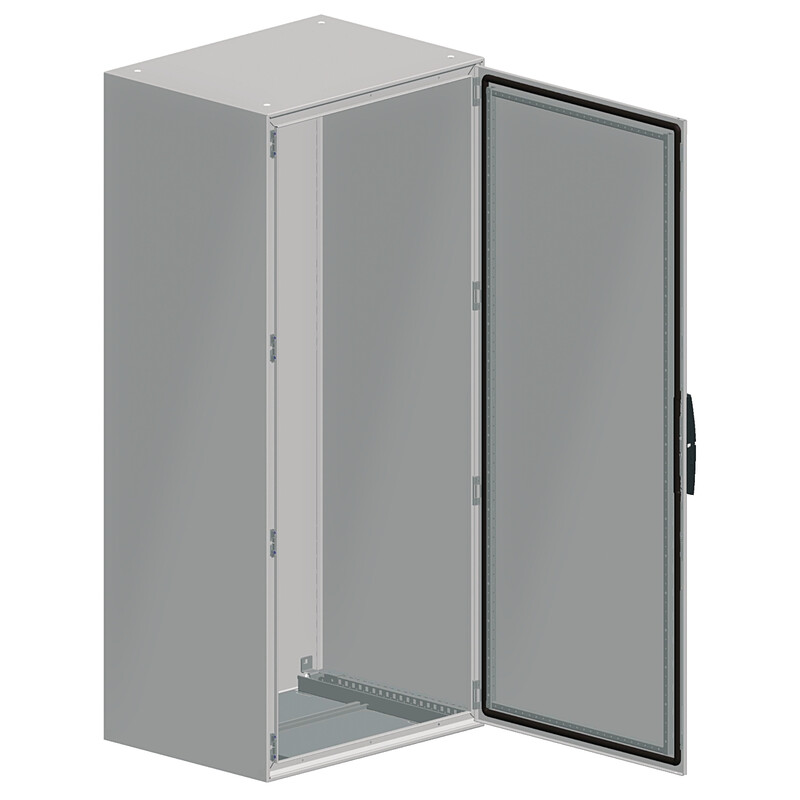 Schneider Electric floor-mounted cabinet, gray, two doors, 1800x1600x400 mm Metallic floor-mounted cabinet, gray frame, two doors, one door open, visible mounting plate inside.