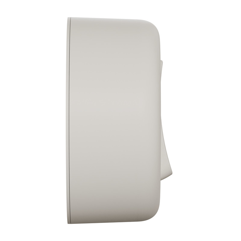 Schneider Electric Renova surface switch, white side profile White, rounded surface switch captured from a side profile. Minimalistic design.