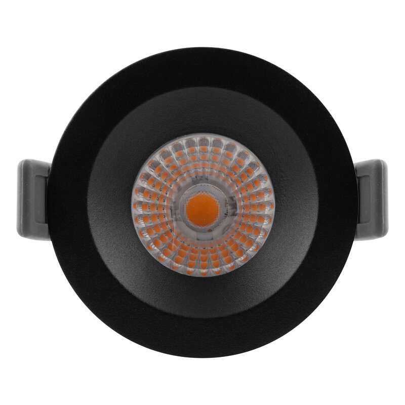 LEDVANCE SP AIR FIX 6W/930 downlight, black, Ledvance brand. Round black LED downlight with orange and clear glass shades and two gray mounting parts on the sides.