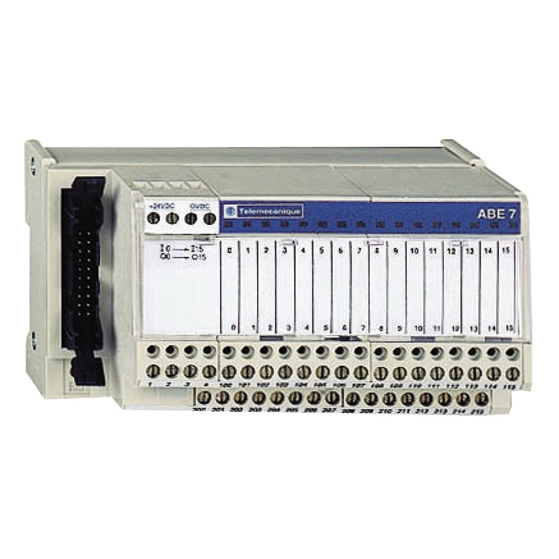 Schneider Electric Modicon Telefast terminal module, 16 outputs Schneider Electric Modicon Telefast 16 output terminal module, white, blue, and black front panel, terminal blocks at the bottom.