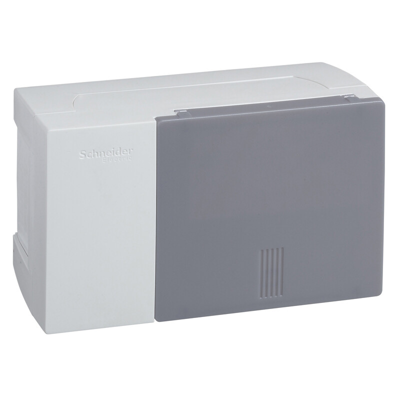 Schneider Electric Mini Pragma enclosure with a smoke-gray door Light gray and white Schneider Electric Mini Pragma enclosure with a smoke-gray door, photographed horizontally.