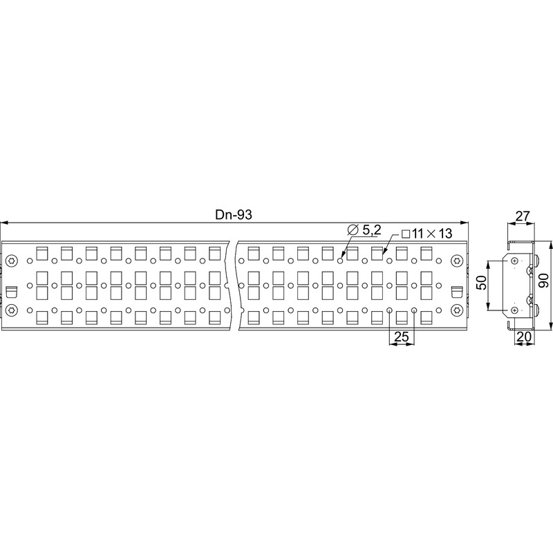 Schneider Electric 3-row mounting rails, width 800 mm Technical drawing of Schneider Electric mounting rails, three rows and width 800 mm.