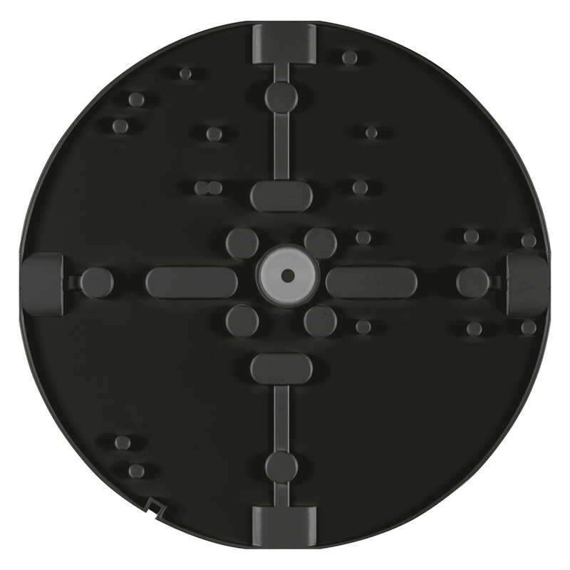 Backplate for mounting the black LEDVANCE luminaire Round black backplate of an LED fixture, with a central mounting hole and symmetrical attachment points.