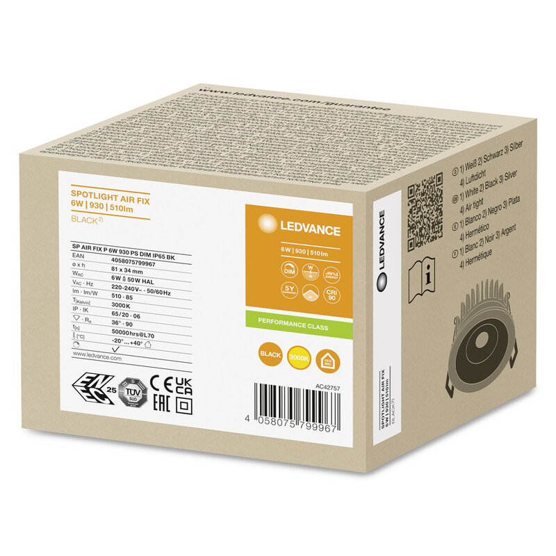 LEDVANCE SP AIR FIX 6W/930 PS DIM IP65 BK - energy-efficient luminaire Packaging of an LED lamp on a brown background, with details visible on the side.