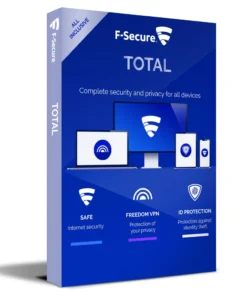 The blue sales package of the F-Secure TOTAL software bundle, showing three devices and the product features.