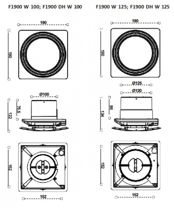 Technical drawings of the Bosch F1900 W100 exhaust fan Bosch F1900 W100 exhaust fan, technical drawings from multiple angles.