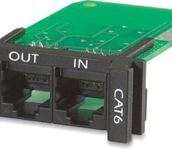 APC 1U Cat 6 network protection module, replaceable and rack-mountable Green circuit board and black connector with labels OUT and IN as well as CAT6, in a horizontal position.