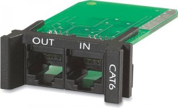 APC 1U Cat 6 network protection module, replaceable and rack-mountable Green circuit board and black connector with labels OUT and IN as well as CAT6, in a horizontal position.