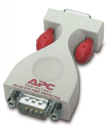 Light gray APC Protectnet RS-232 DB9 DTE adapter with red protectors on both sides.