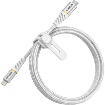 Otterbox 2m USB-C to Lightning cable, braided and durable design. White 2-meter USB-C to Lightning cable, braided cord with Otterbox logo on connectors.