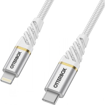 Otterbox Premium Cable USB-C-Lightning 2M, stylish and durable cable. White, durable USB-C and Lightning cable ends with metallic details.