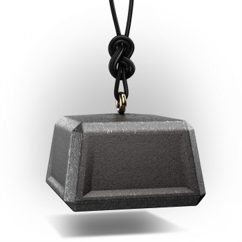 Metal key pendant with a black cord - minimalist design. A black metallic key-shaped pendant with a black cord and a decorative knot.