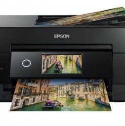 Epson Expression Premium XP-7100 multifunction printer for color printing Black Epson Expression Premium XP-7100 printer displaying colorful photos.